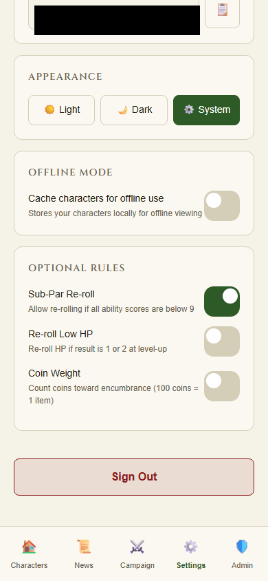 Settings page showing Optional Rules toggles