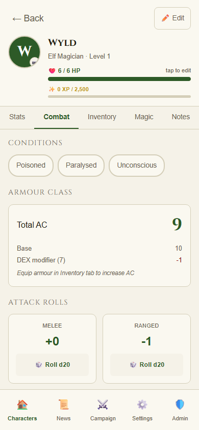 Combat tab showing conditions, AC breakdown, and dice rollers