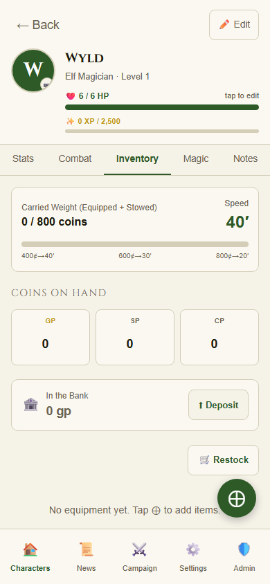 Inventory tab showing encumbrance tracker and Restock button