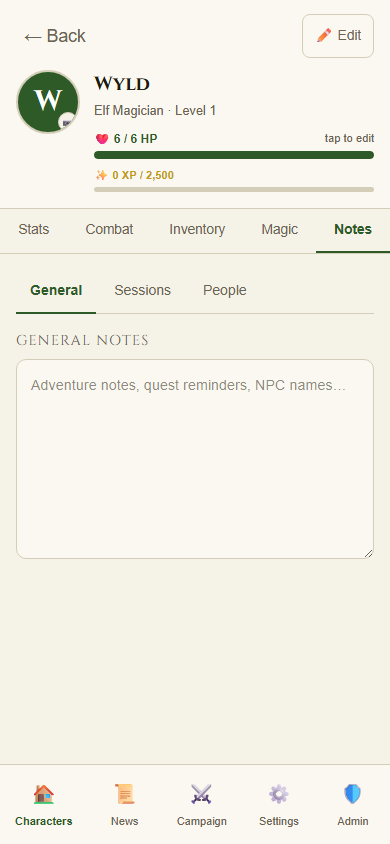 Notes tab showing General, Sessions, and People sub-tabs